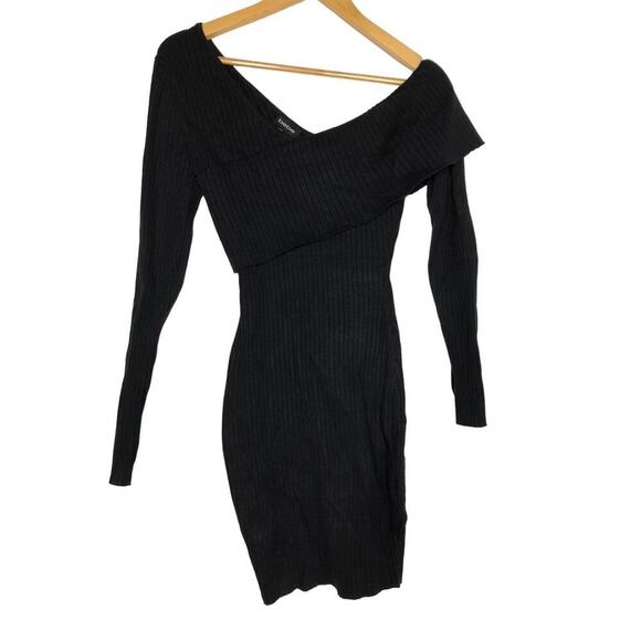 Bebe Sweater Dress Ribbed Knit Asymmetrical Off The Shoulder Bodycon Black NWT S - Picture 4 of 8